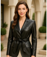 Comprar jaqueta de couro feminina preto blazer cinto executiva elegante resistente trabalho em promoção ZARA